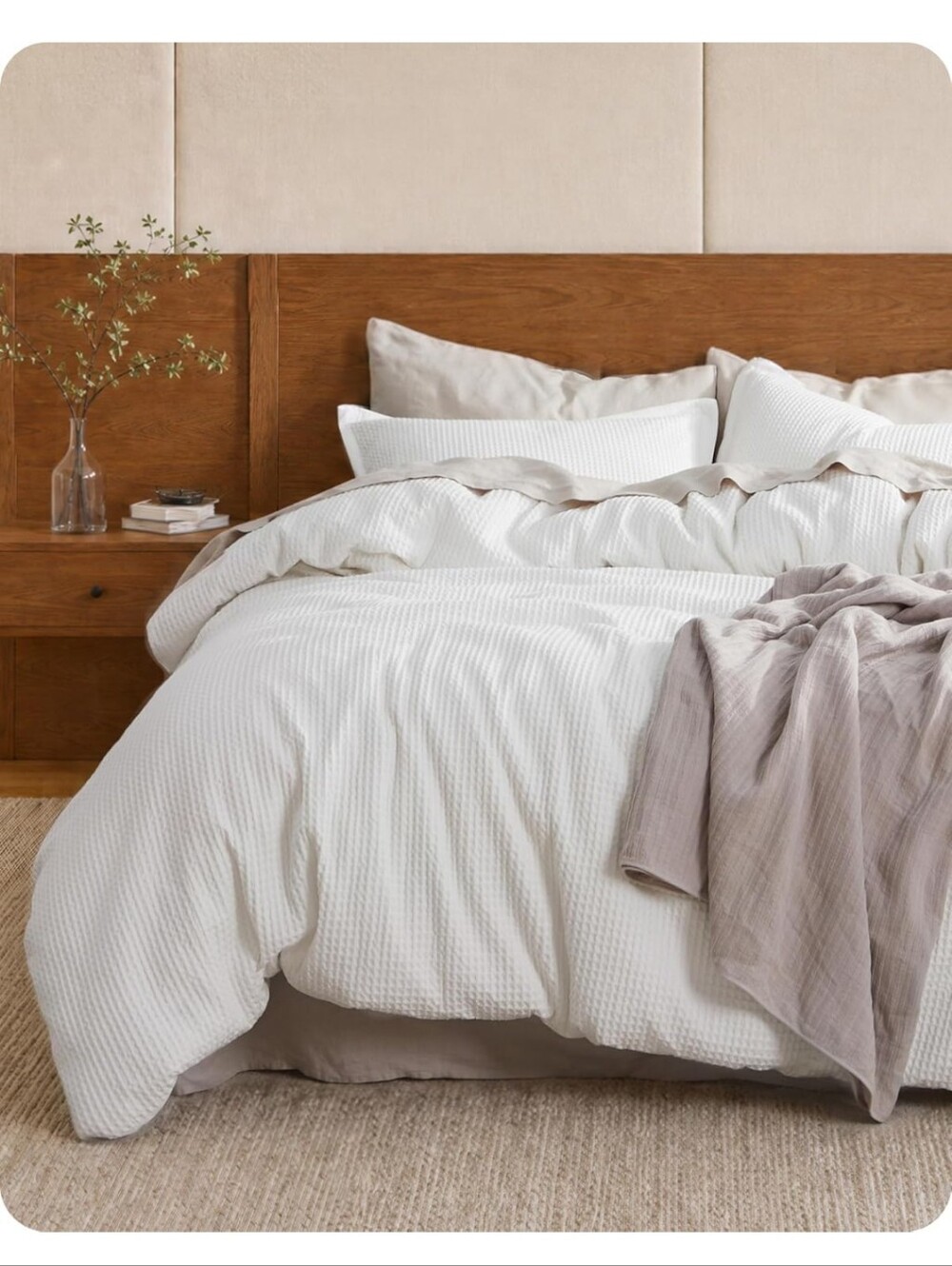 Bedsure PureWoven 3 Pieces 100% Cotton Waffle Duvet Cover Set, QueenWhite 85x96"